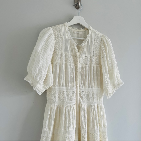 Sold Doen Rolande Tiered Embroidered Organic Cotton-Voile Midi Dress in Salt - Picture 3 of 8